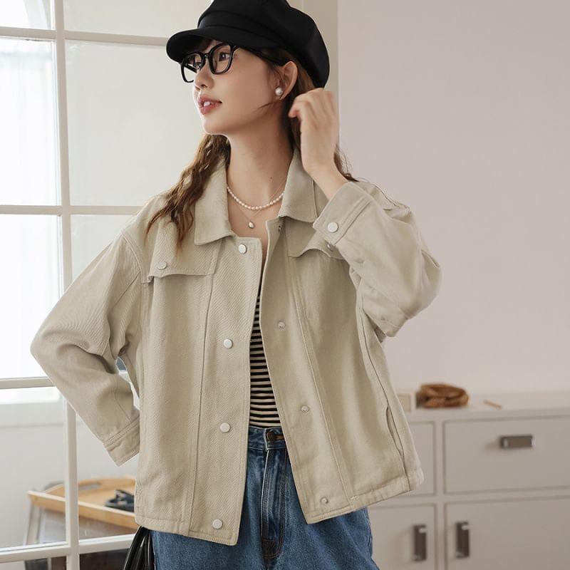 Collar Plain Denim Button Jacket Product Image