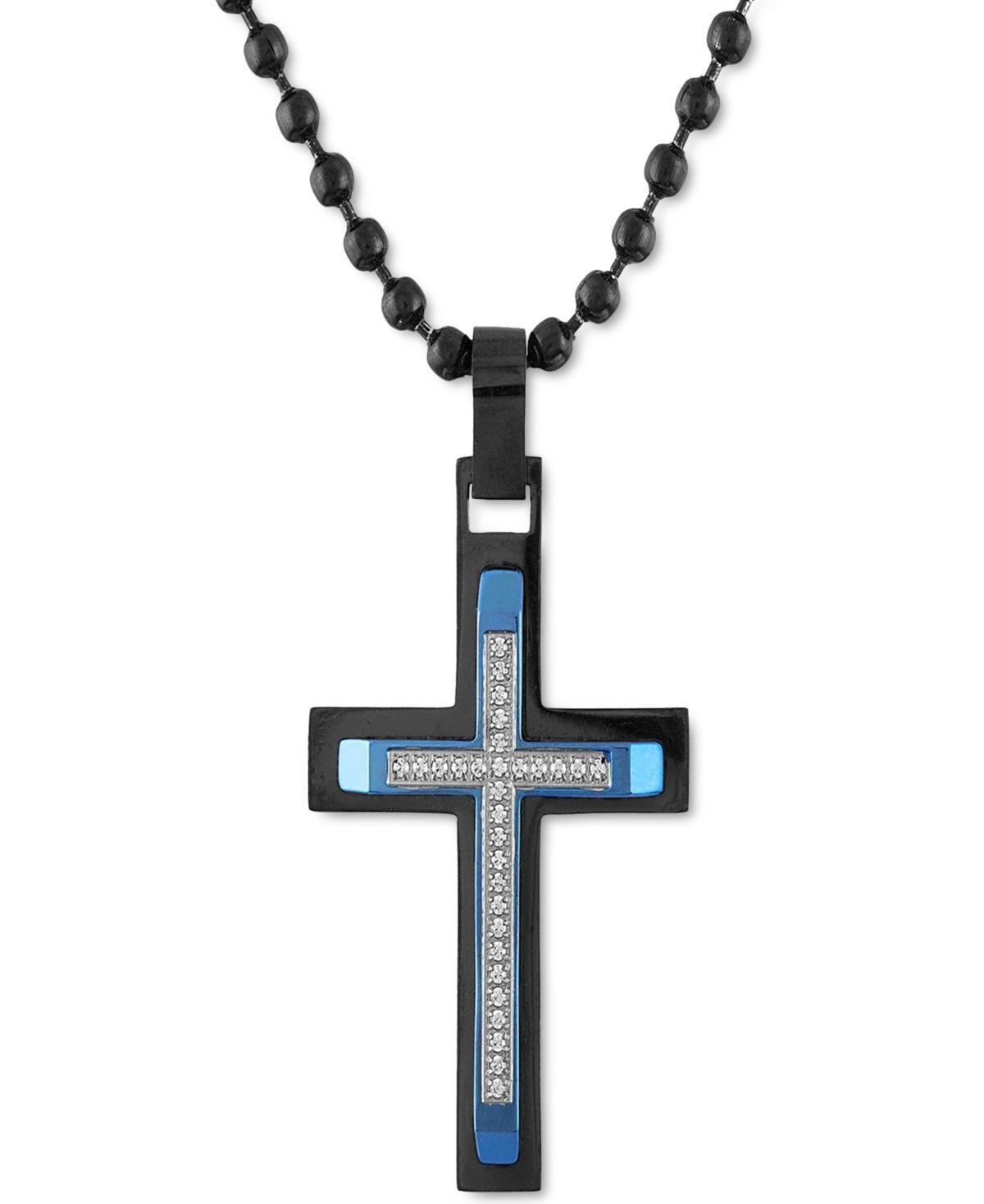 Mens Diamond Cross Multi-Tone 22 Pendant Necklace (1/6 ct. t.w.) in Stainless Steel & Blue Ion-Plate - Black Product Image