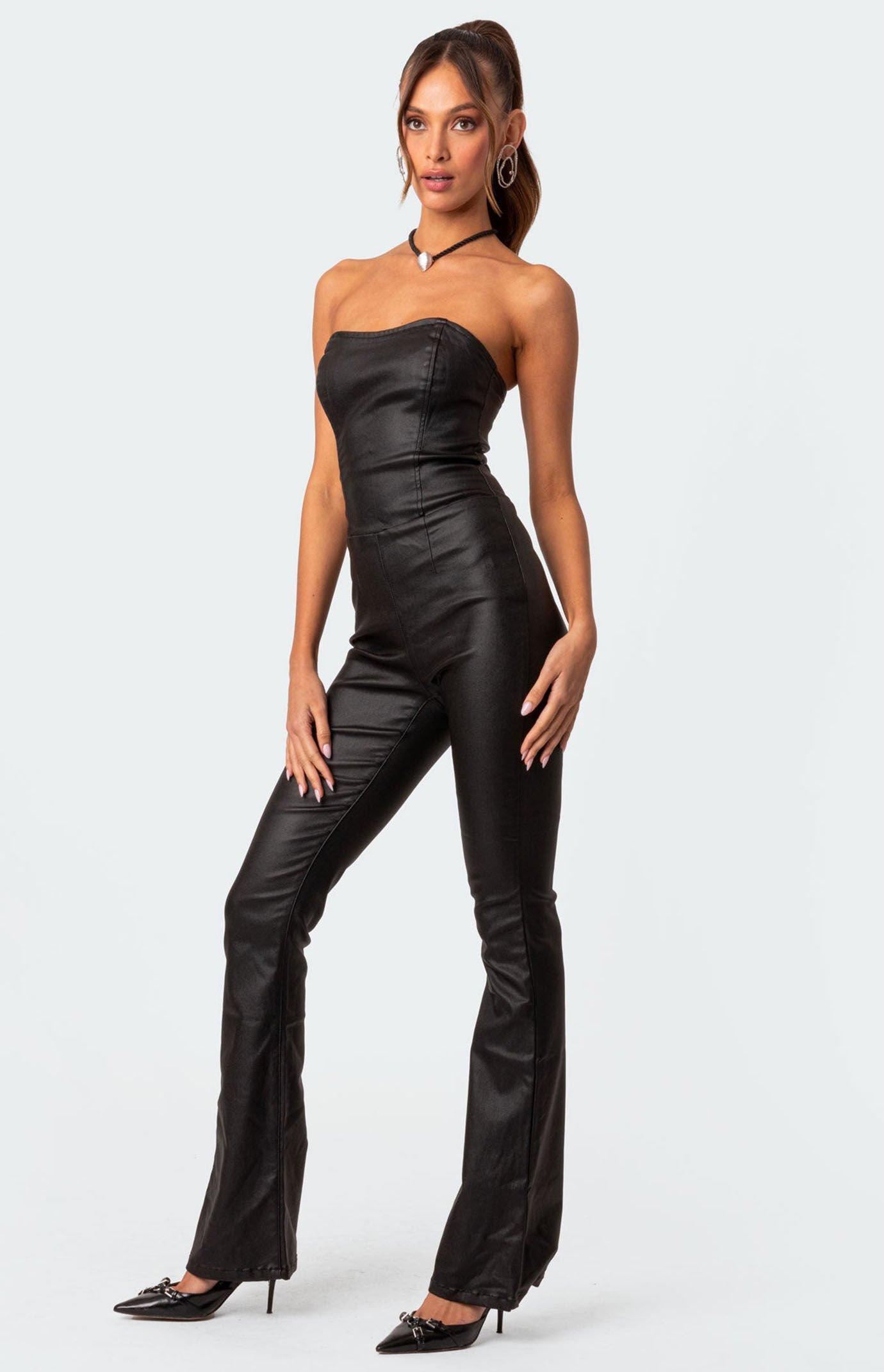 Edikted Women's Luna Faux Leather Flared Jumpsuit Product Image