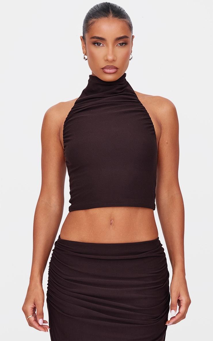 Khaki Soft Touch Ruched Halter Crop Top Product Image