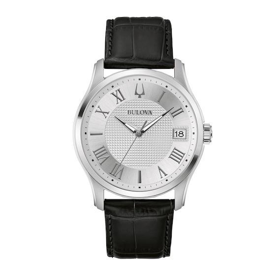 Men's Bulova Wilton Silvertone Watch with Black Leather Strap (Model: 96B388) Product Image