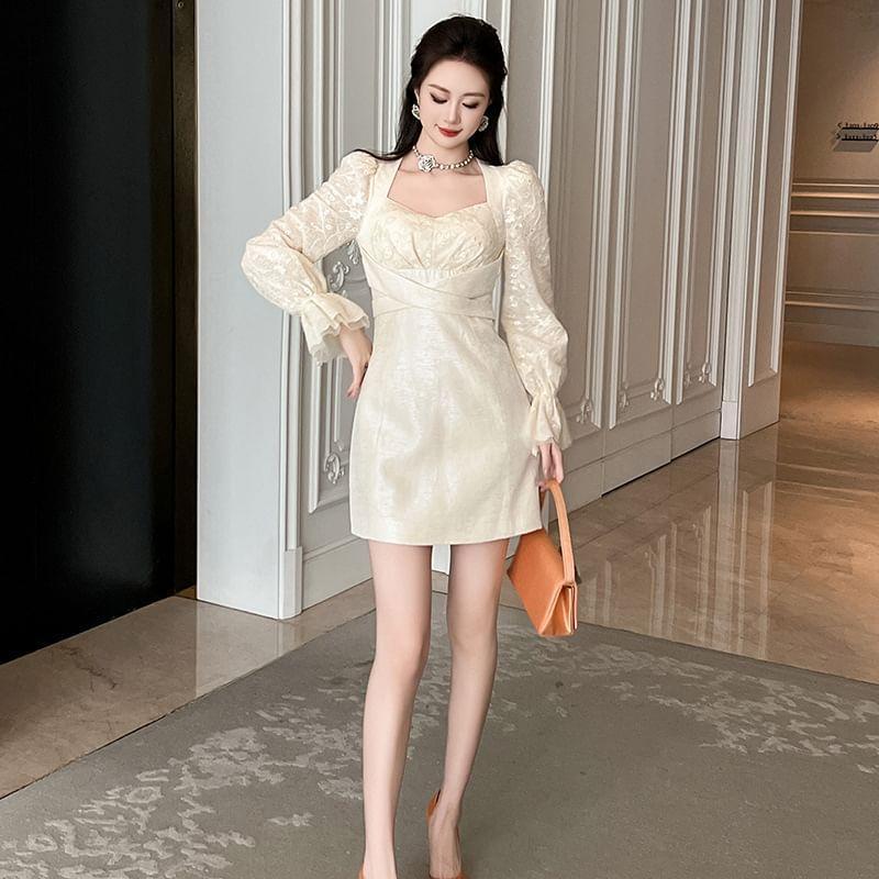 Long-Sleeve Lace Panel Mini A-Line Dress Product Image