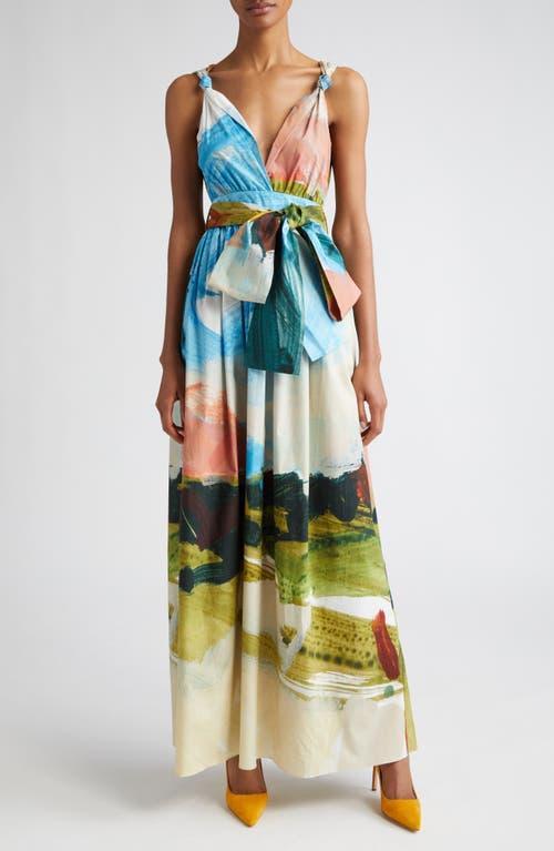 Oscar de la Renta Landscape Print Bow Detail Stretch Cotton Dress Product Image