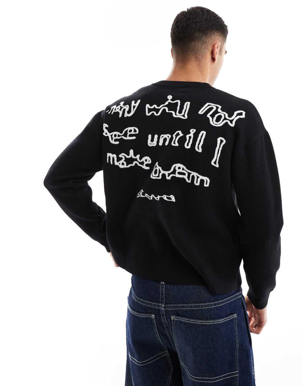 Pull&Bear STWD graphic printed sweater in black Product Image