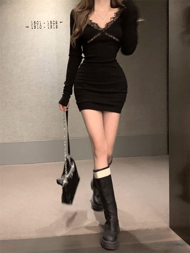 Long-Sleeve V-Neck Plunge Plain Lace Trim Mini Bodycon Dress Product Image