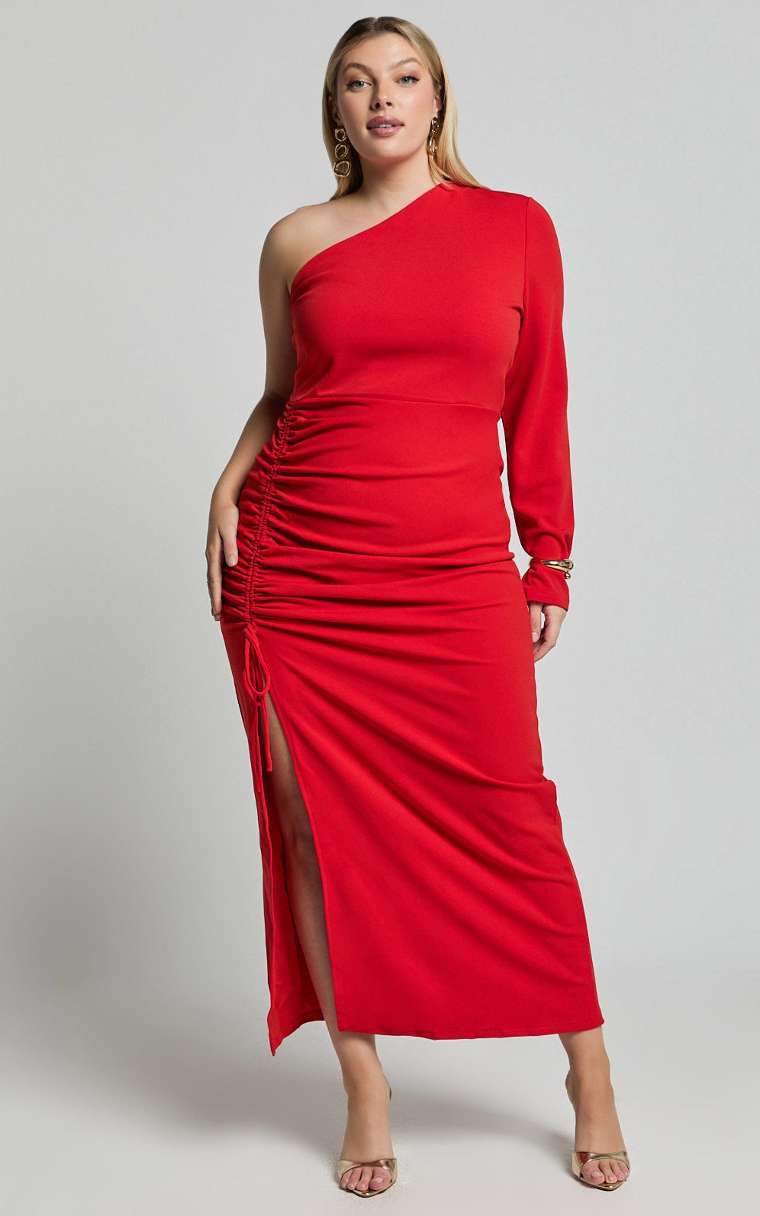 Daria Midi Dress - One Shoulder Long Sleeve Side Split Dress in Red Product Image