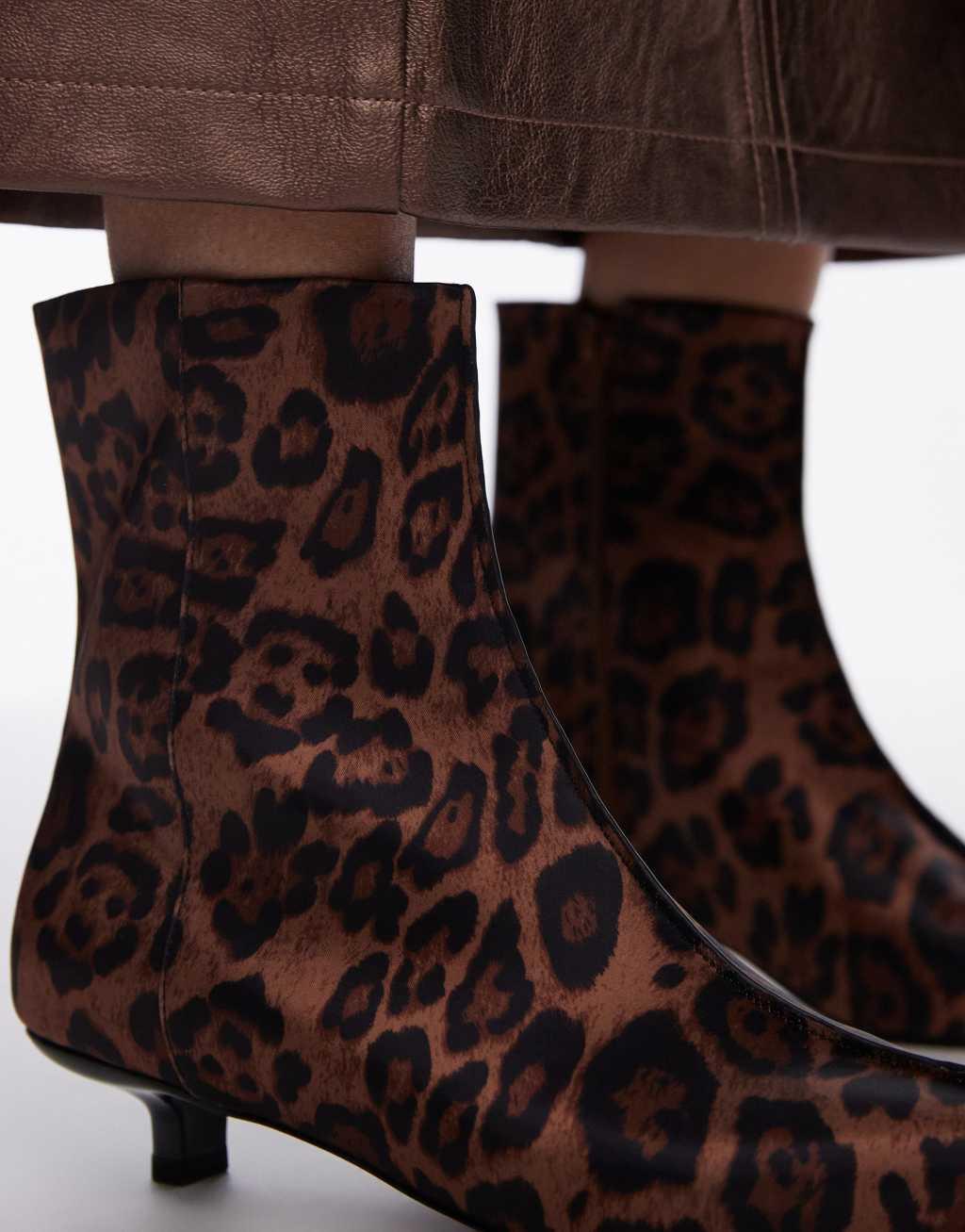 Topshop Nellie mid heel pointed toe ankle boots in leopard Product Image