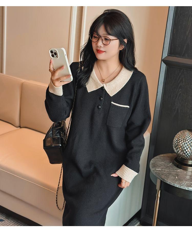 Long Sleeve Collared Two Tone Knit Midi A-Line Dress Product Image