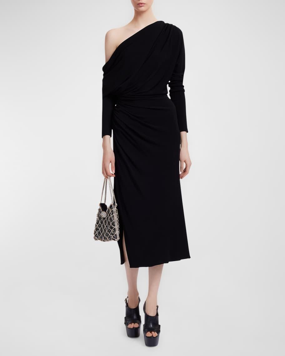 One-Shoulder Long-Sleeve Draped Jersey Midi Dress Product Image