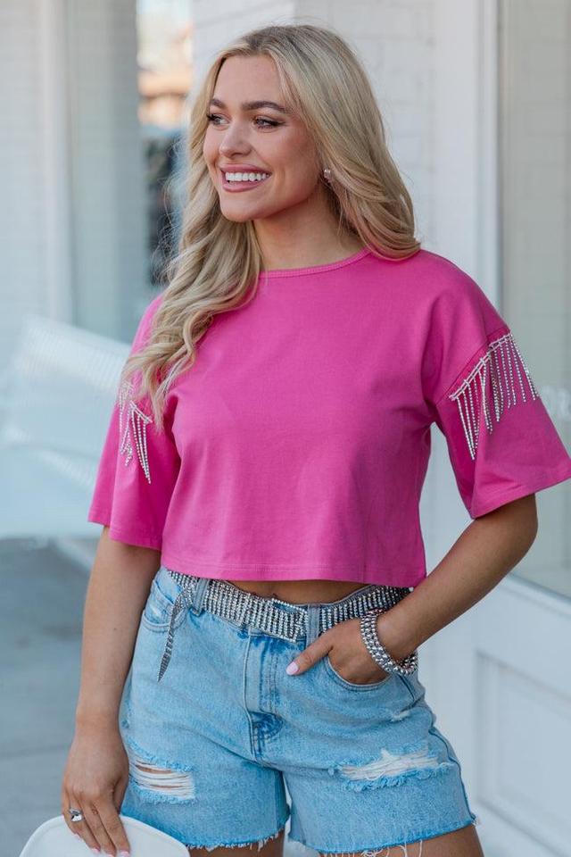 Hold On Loosely Pink Rhinestone Shoulder Detail T-Shirt Product Image