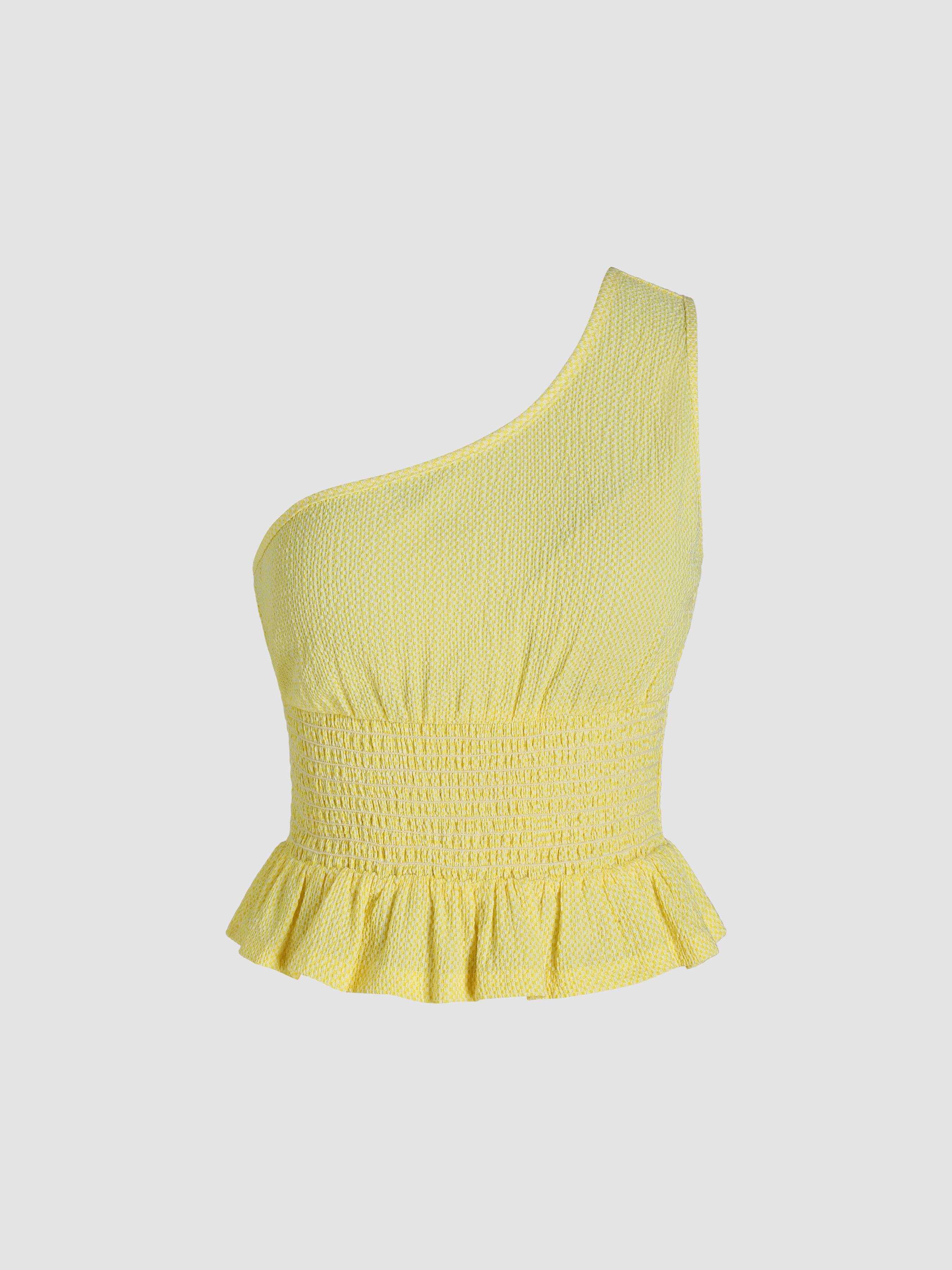 Asymmetrical Ruffle Hem Shirred Crop Top product image