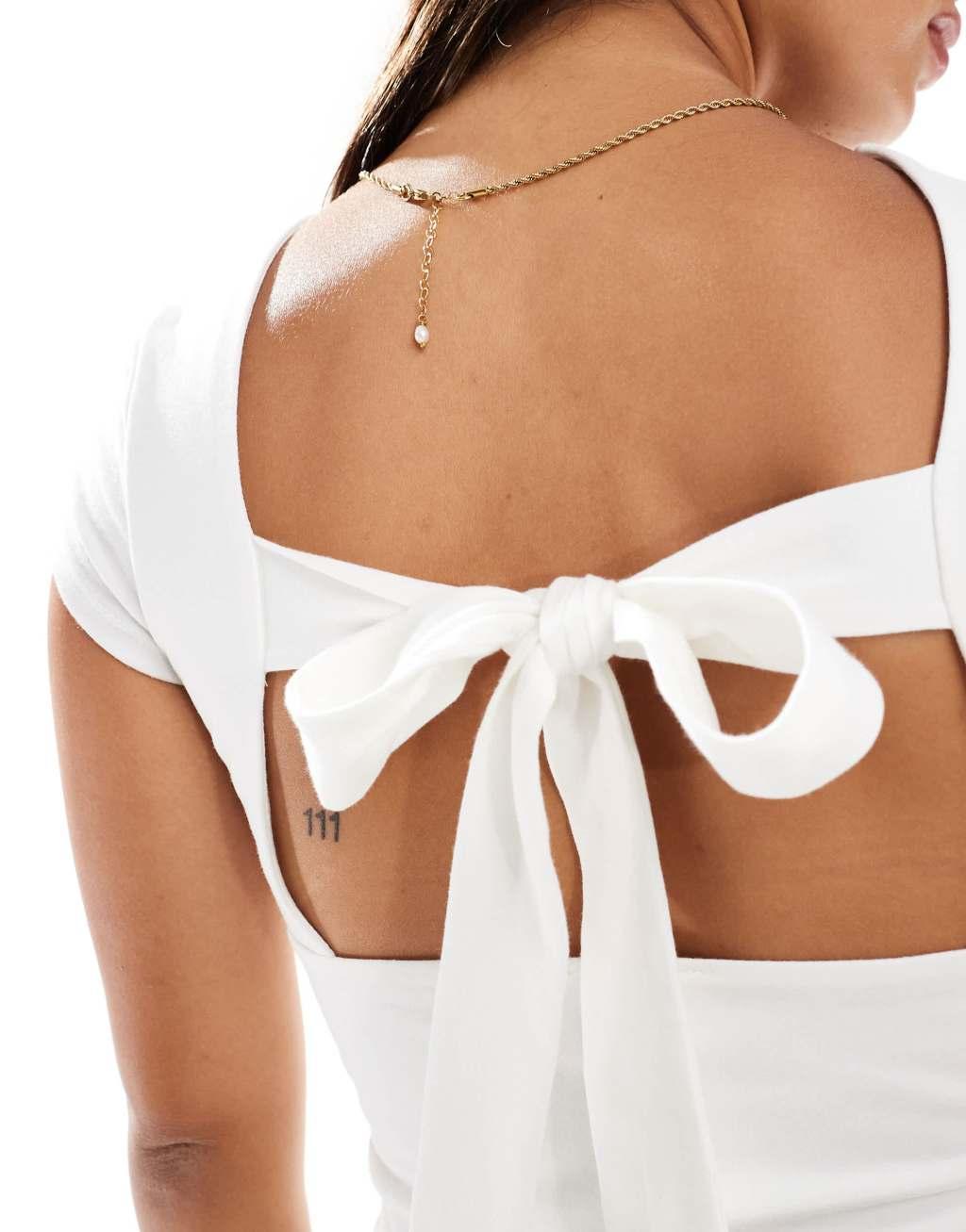 ASOS DESIGN tie bow open back top in white Product Image