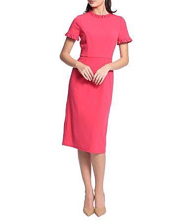 Maggy London Ruffle Mock Neck Short Sleeve Stretch Crepe Midi Pencil Sheath Dress Product Image