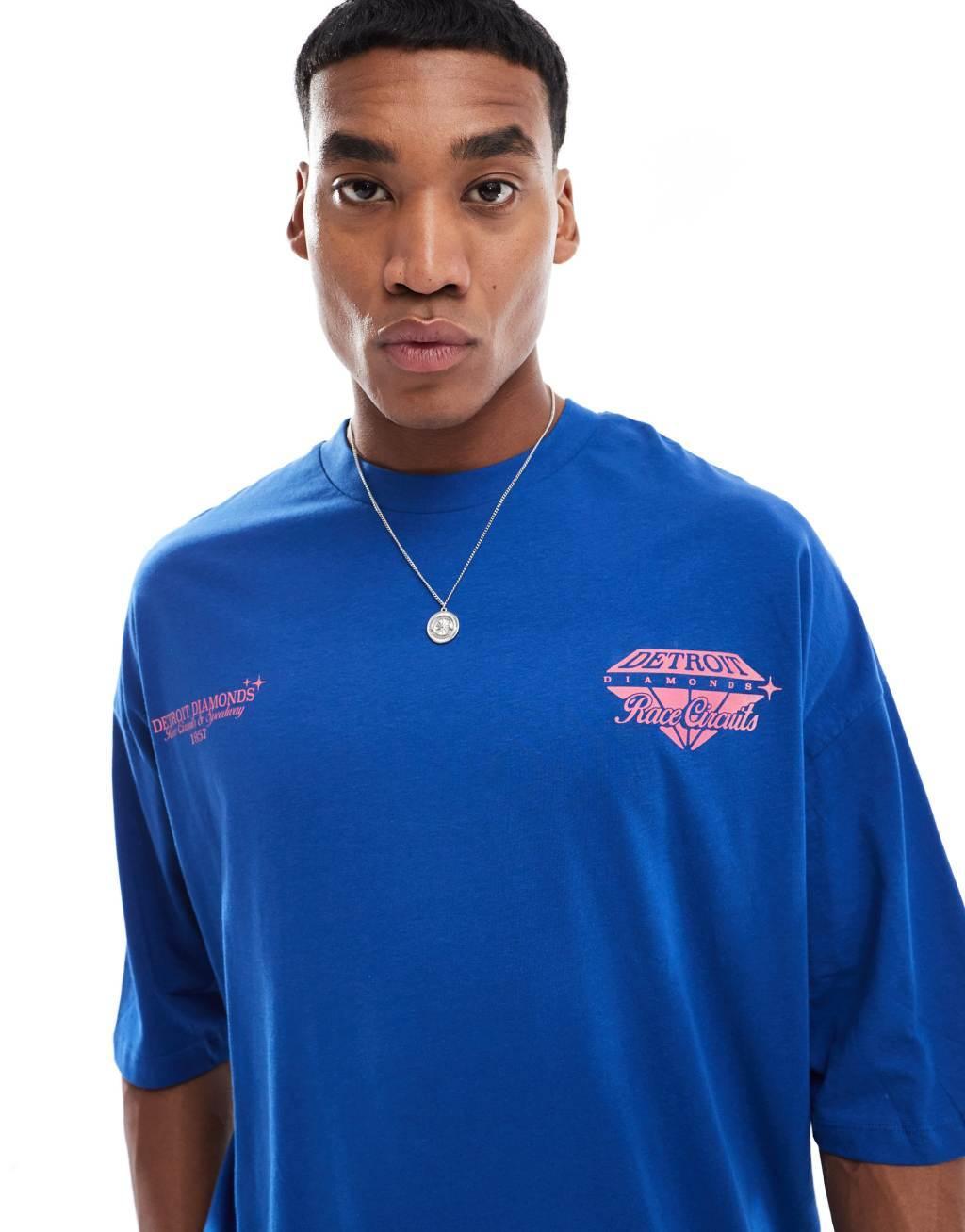 ASOS DESIGN extreme oversized t-shirt with Detroit chest and back print in blue Product Image