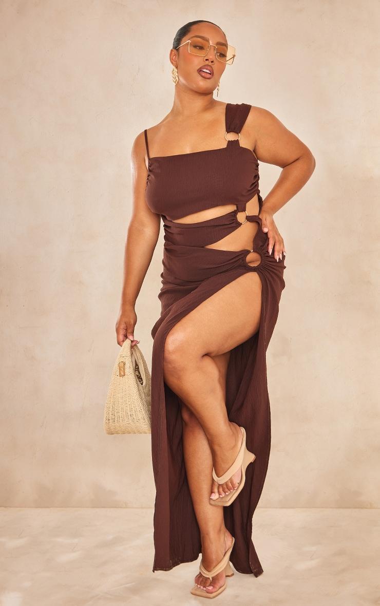 Plus Chocolate Brown Cut Out One Shoulder Ring Detail Maxi Dress Product Image