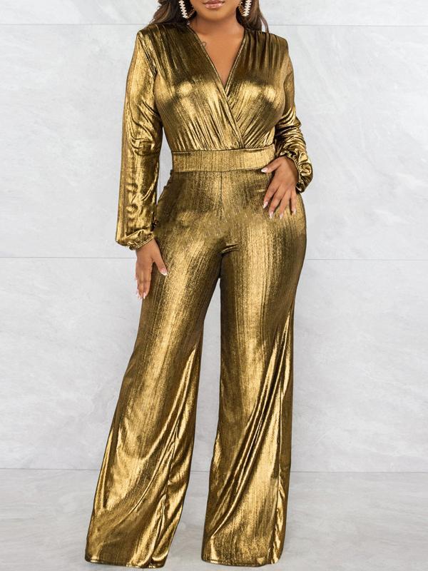 Bodycon High Waisted Elasticity Shiny Solid Color V-Neck Jumpsuits Product Image