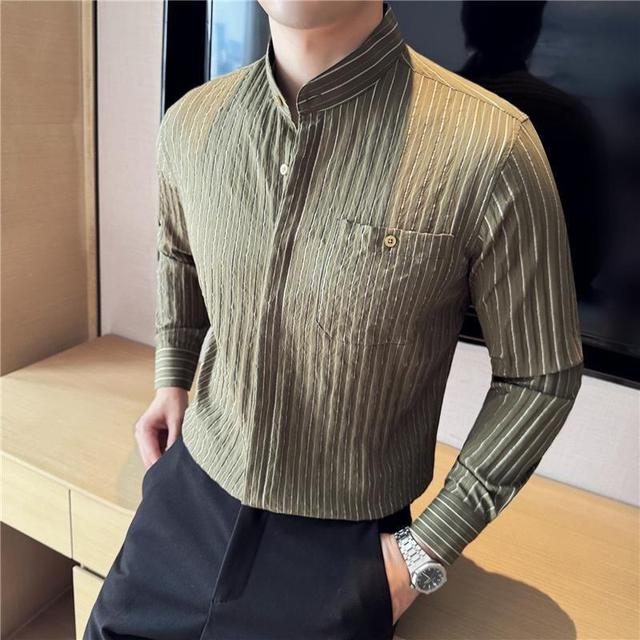 Long Sleeve Band Collar Striped Shirt Product Image