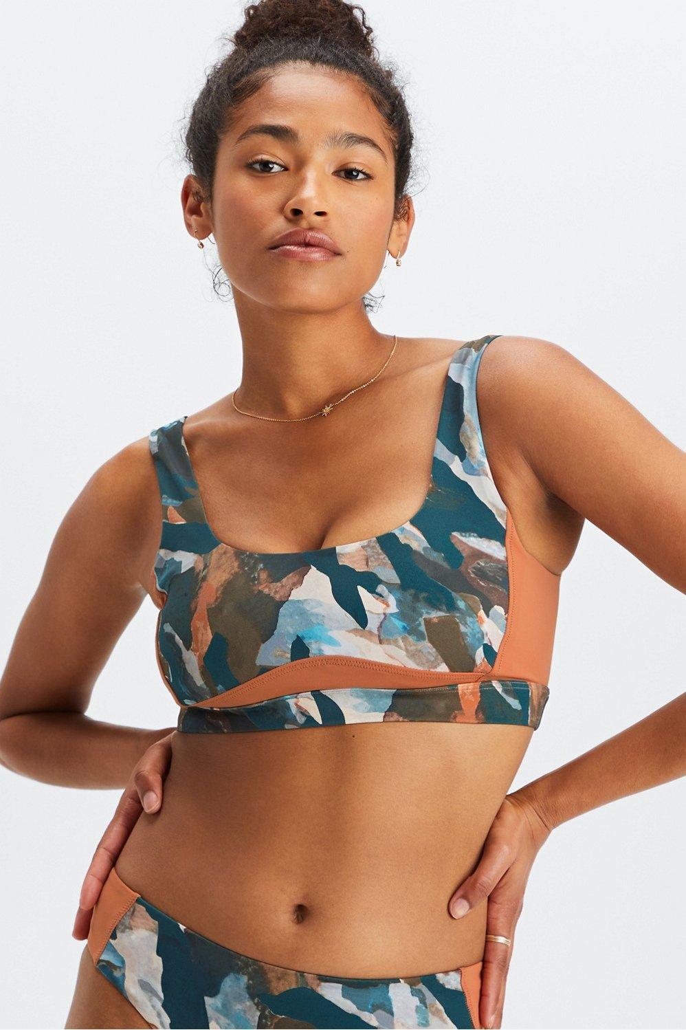 Fabletics Scoop Back Swim Bra Womens Paintbrush Camo/Sequoia Size XXS Product Image