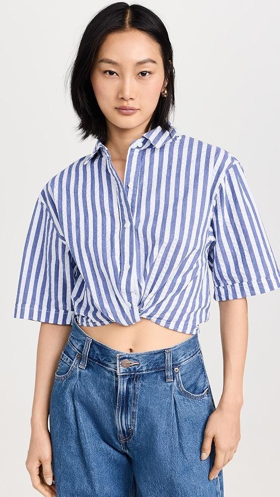 Stateside Puckered Stripe Short Sleeve Cropped Twist Shirt | Shopbop Product Image