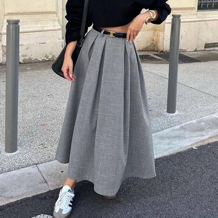 High Rise Plain Midi A-Line Pleated Suit Skirt Product Image