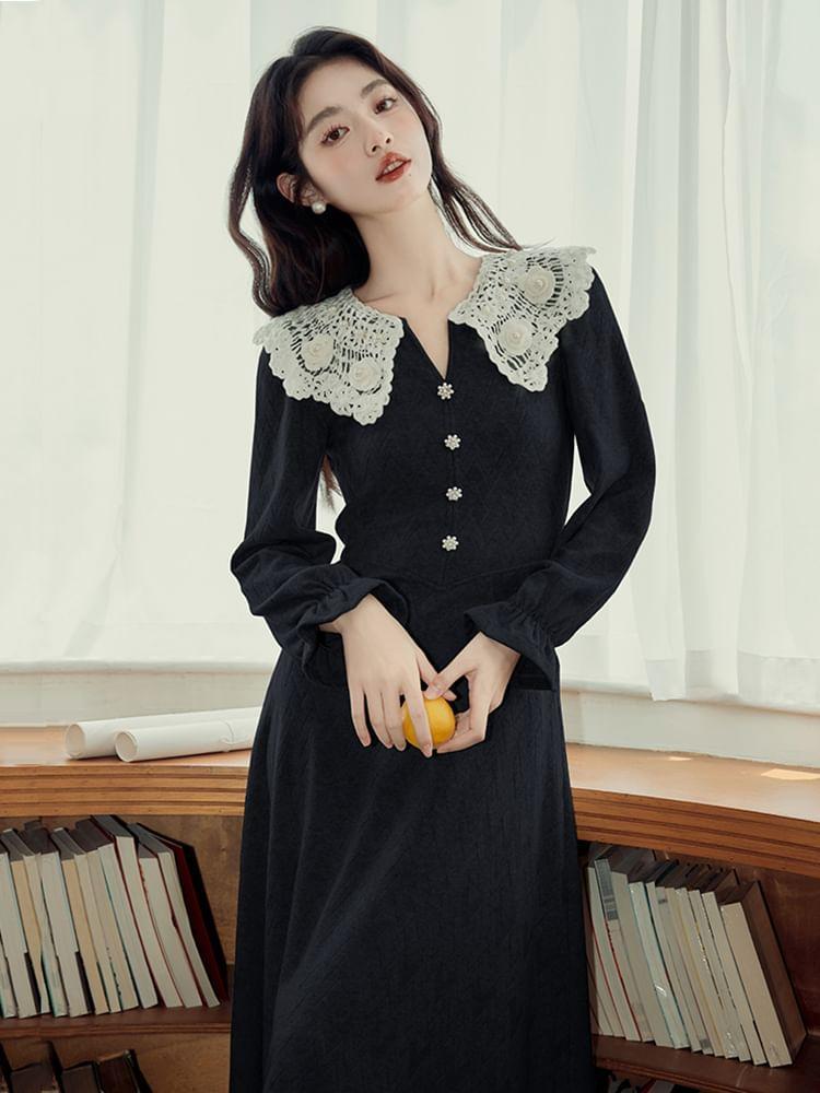 Long Sleeve Crochet Collar Faux Pearl Button Maxi A-Line Dress Product Image