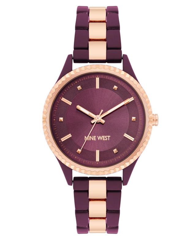 Nine West Womens Quartz Burgundy and Rose Gold-Tone Link Bracelet Watch, 35mm - Burgundy Product Image