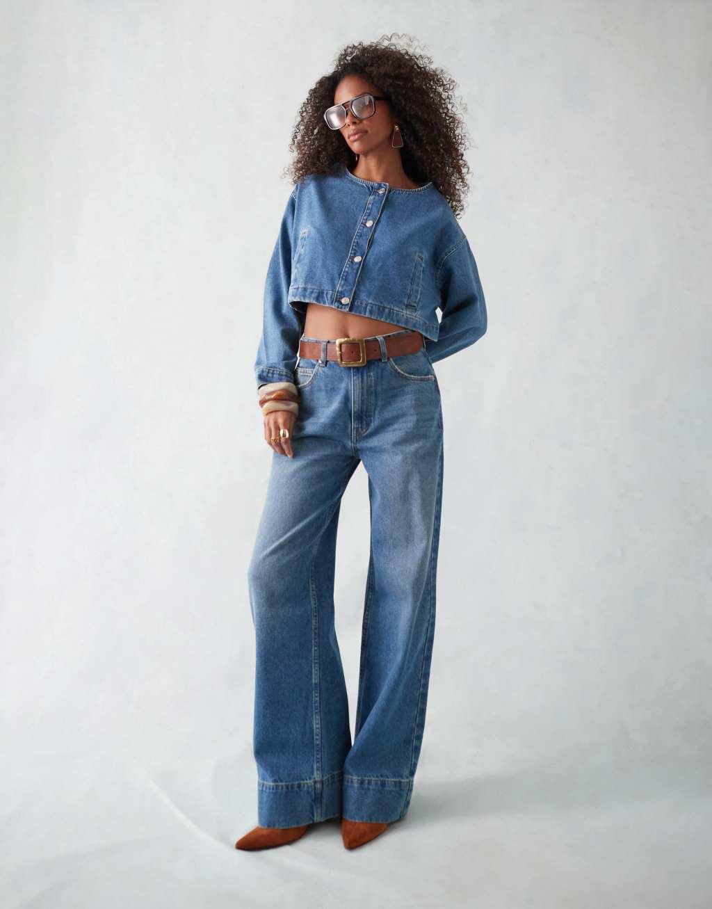 ASOS DESIGN wide leg jeans with deep hem in mid blue product image