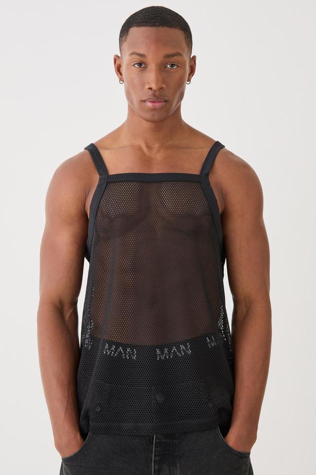 Mens Black Square Neck Open Mesh Vest, Black Product Image