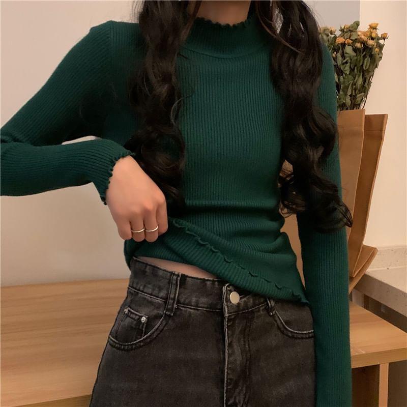 Long-Sleeve Mock Neck Plain Lettuce Edge Slim Fit Knit Top Product Image