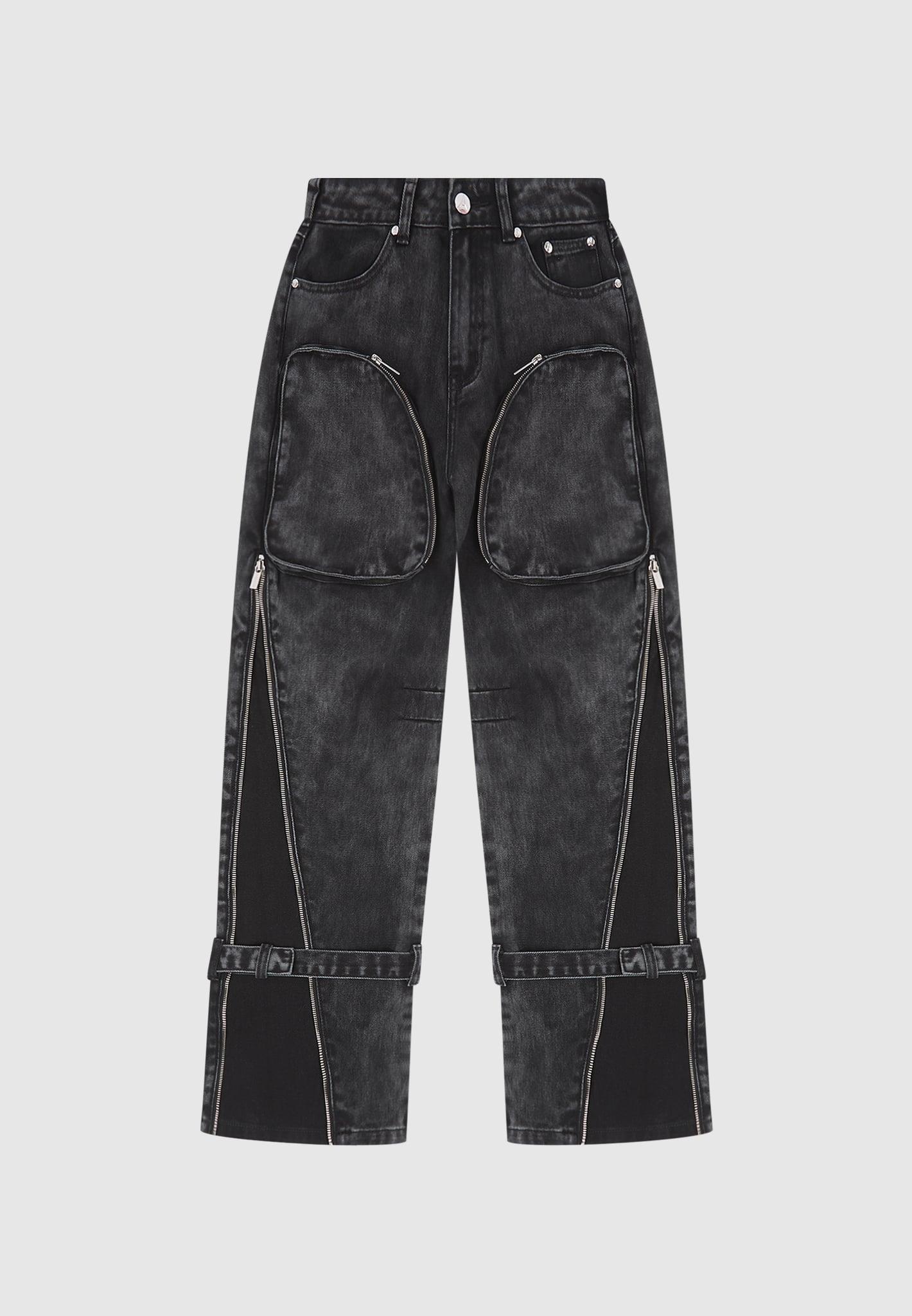 Zip Detail Denim Cargo Pants - Washed Black Female Product Image