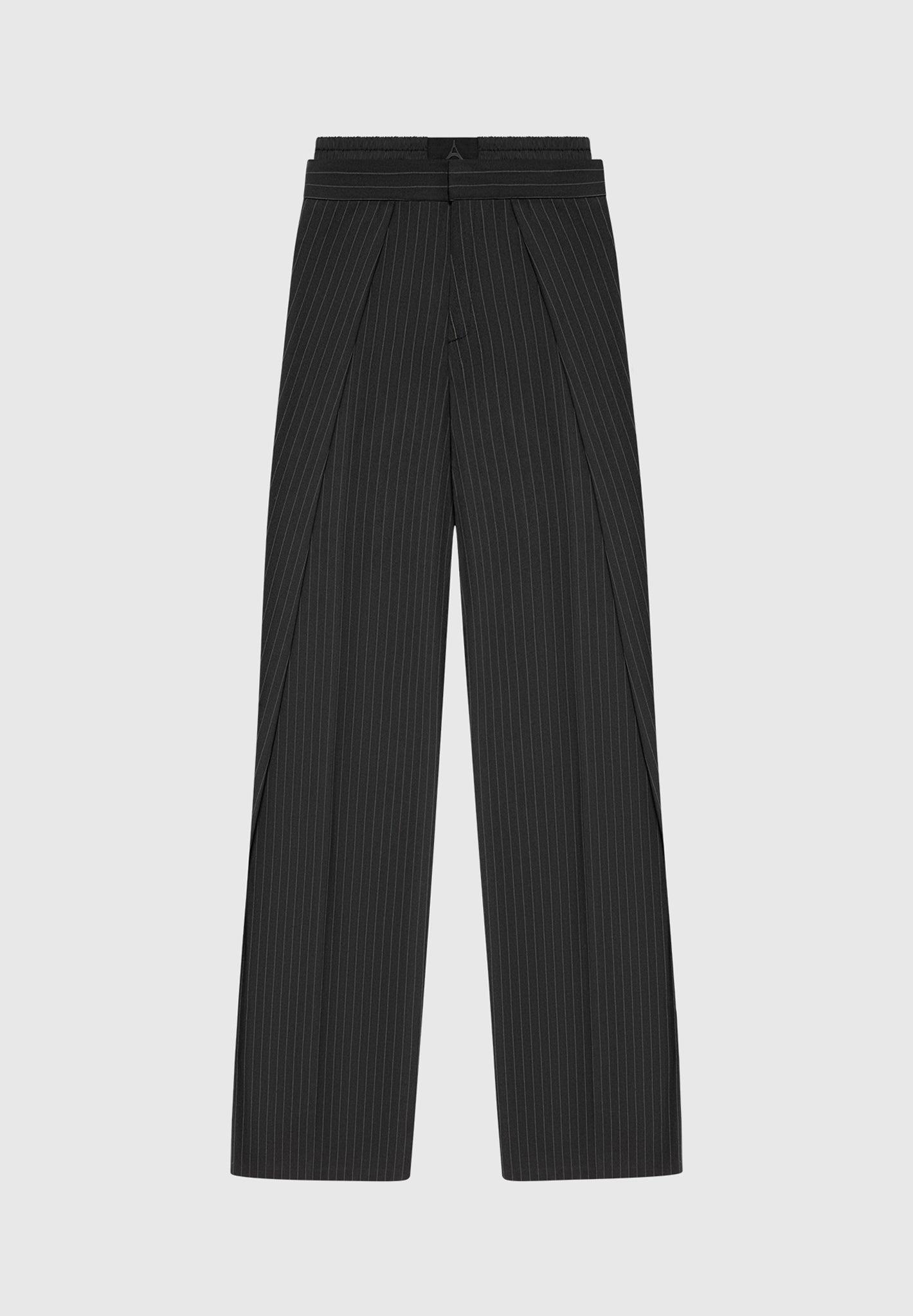 Satin Waistband Pinstripe Trousers - Black Female Product Image