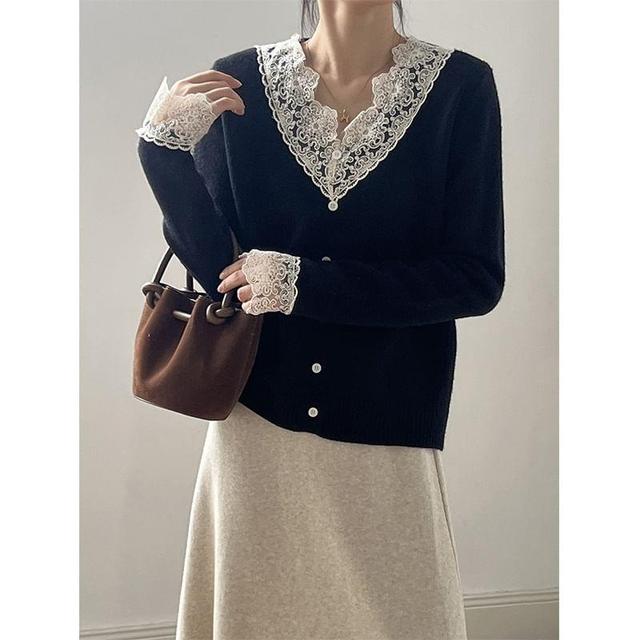 Long-Sleeve V-Neck Lace Panel Button Accent Knit Top Product Image