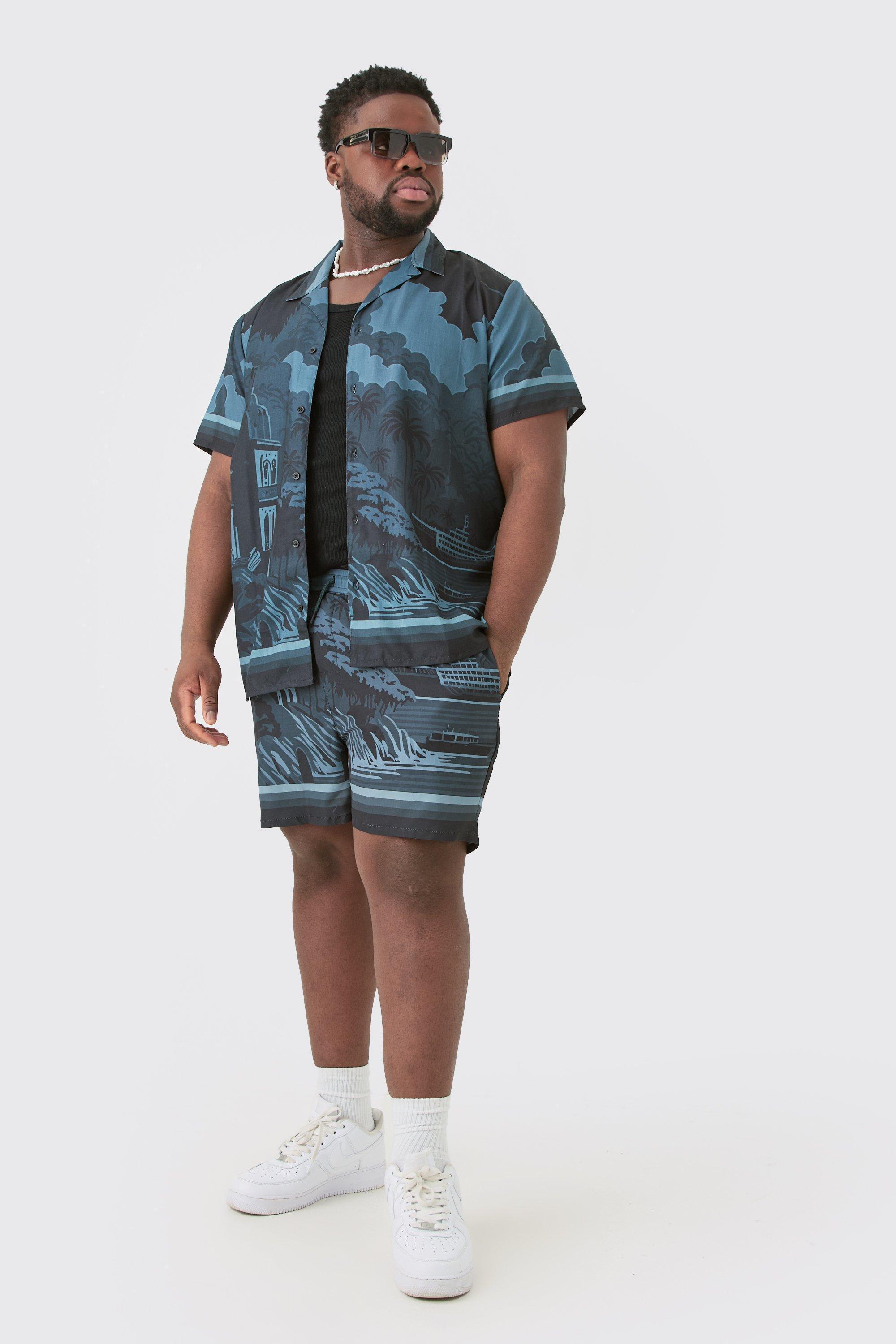 Plus Regular Landscape Grayscale Print Shirt & Swim Short Set | boohooMAN USA Product Image