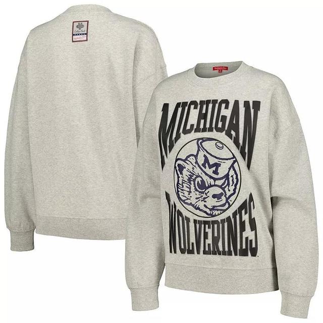 Womens Mitchell & Ness Heather Gray Michigan Wolverines Oversized Logo Lightweight Pullover Sweatshirt Product Image