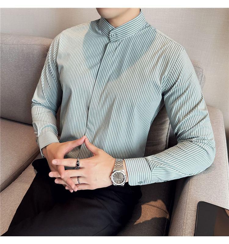 Long Sleeve Band Collar Striped Shirt Product Image