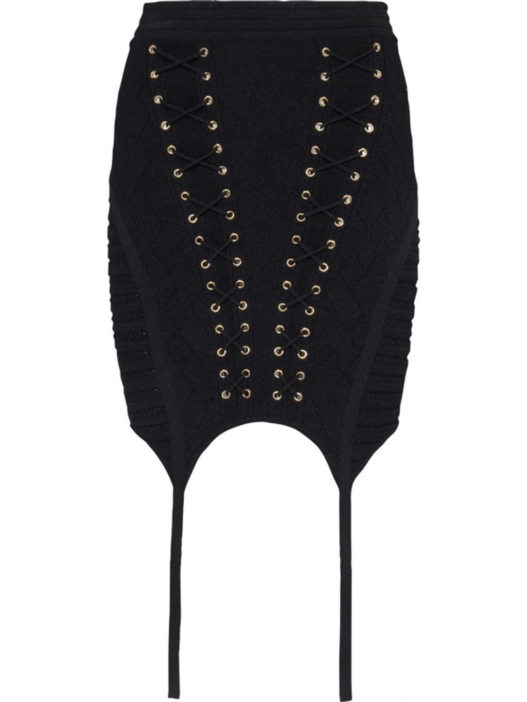 BALMAIN Eyelet Detail Lace Up Knitted Garter Skirt In Black Product Image