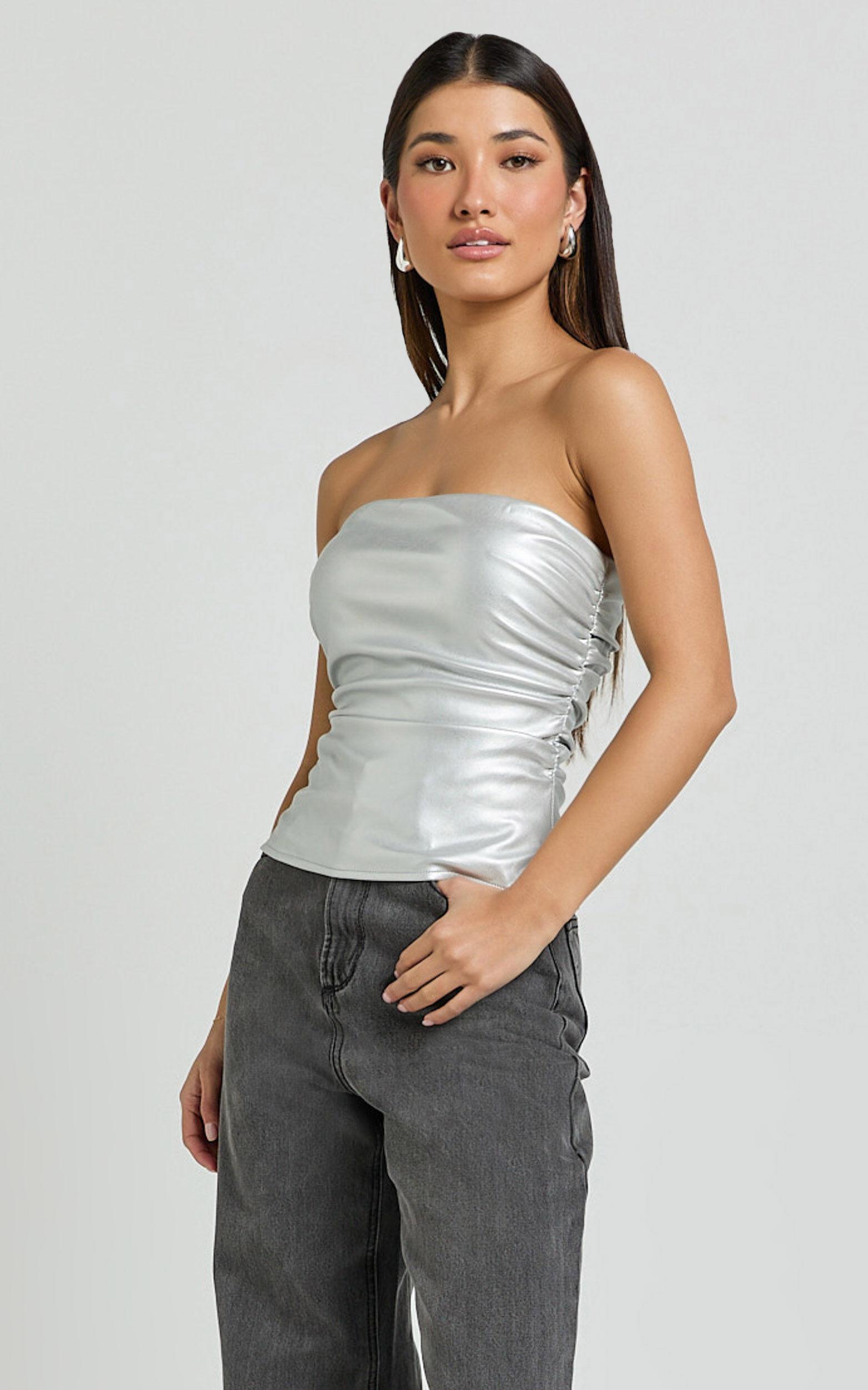 Yvonne Top - Strapless Ruched Top in Silver Product Image