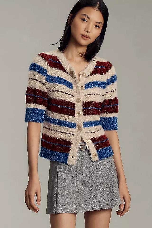 Maeve Short-Sleeve Fuzzy Cardigan Sweater Product Image