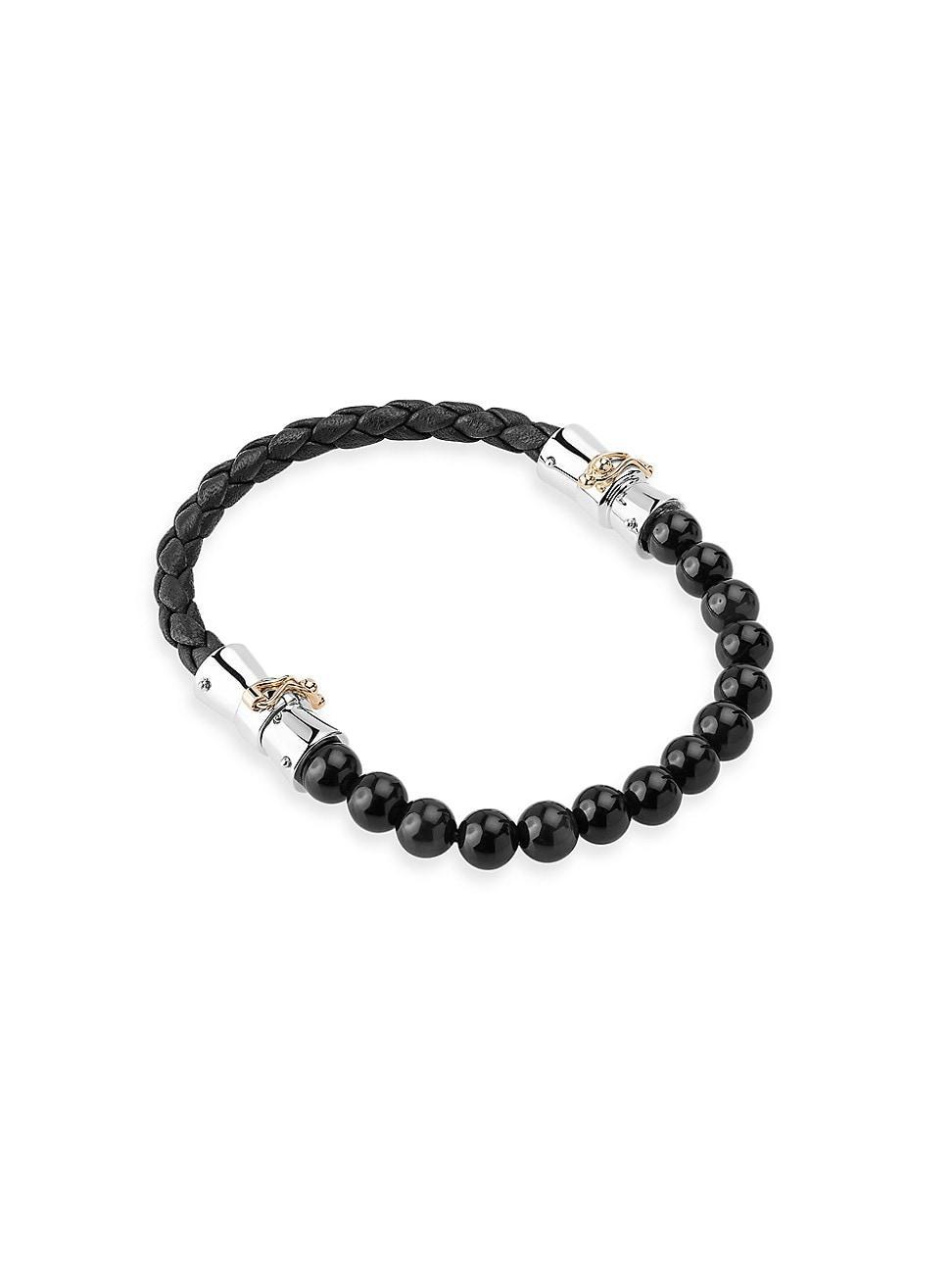 Mens pico Obsidian, Braided Leather, & Sterling Silver Beaded Bracelet Product Image