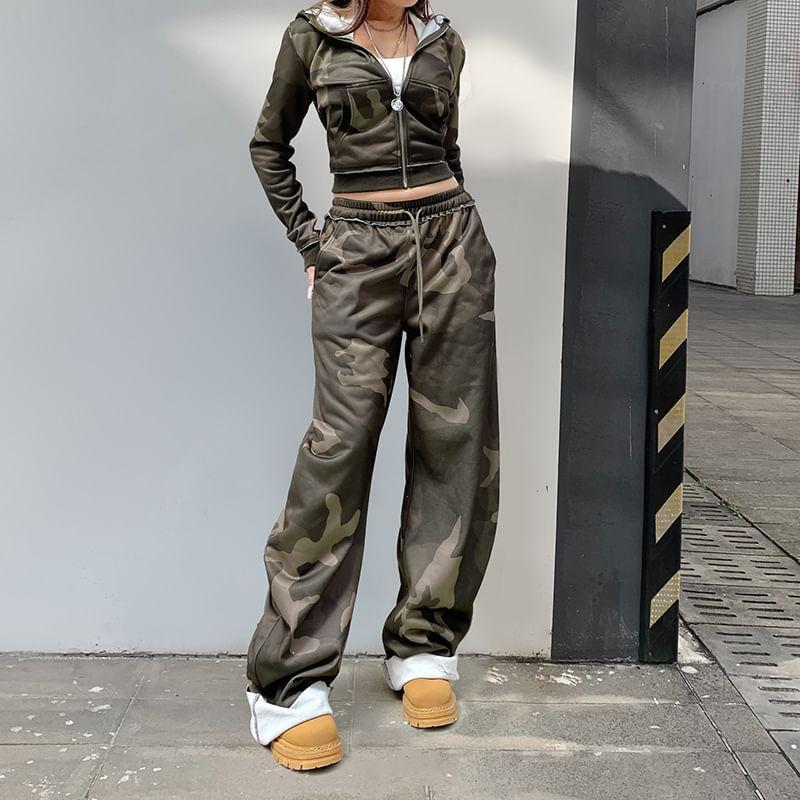 Drawstring Waist Camo Print Wide Leg Pants / Zip Hoodie Product Image