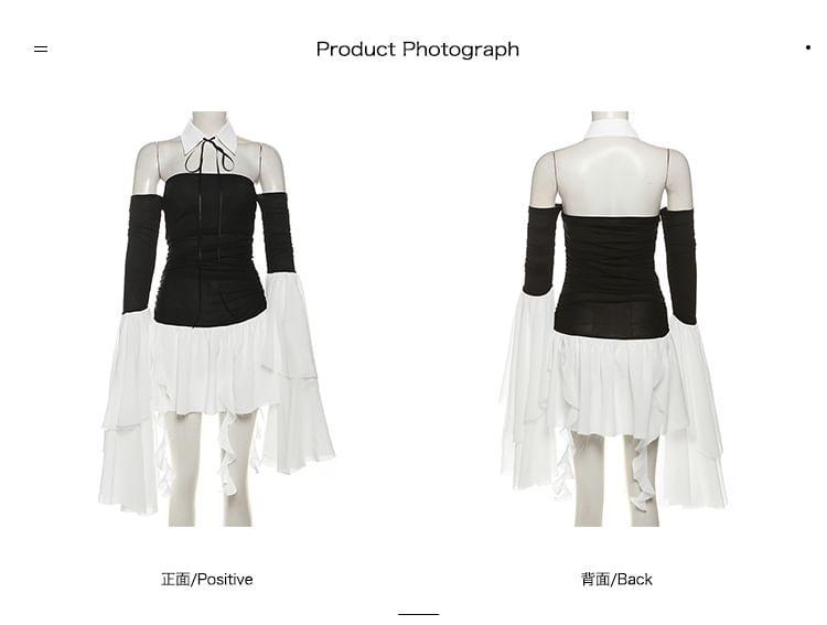 Set: Long-Sleeve Off-Shoulder Two Tone Ruched Fringed Mini A-Line Dress + Decorative Collar Product Image