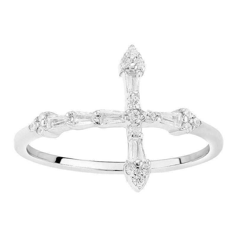 PRIMROSE Sterling Silver Cubic Zirconia Sideways Cross Band Ring, Womens Grey Product Image