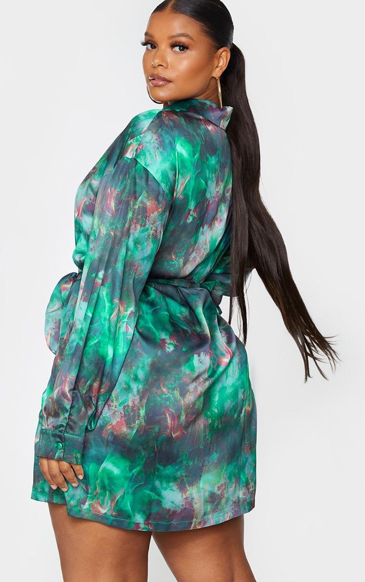 Plus Green Flame Tie Dye Printed Tie Waist Shirt Dress Product Image