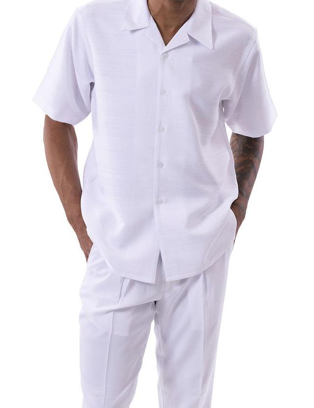 (L, XL) White Tone on Tone Horizontal Stripes Walking Suit 2 Piece Short Sleeve Set Product Image