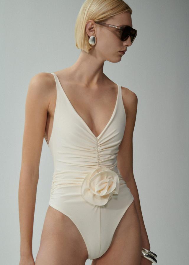 Ruched flower swimsuit in cream Product Image