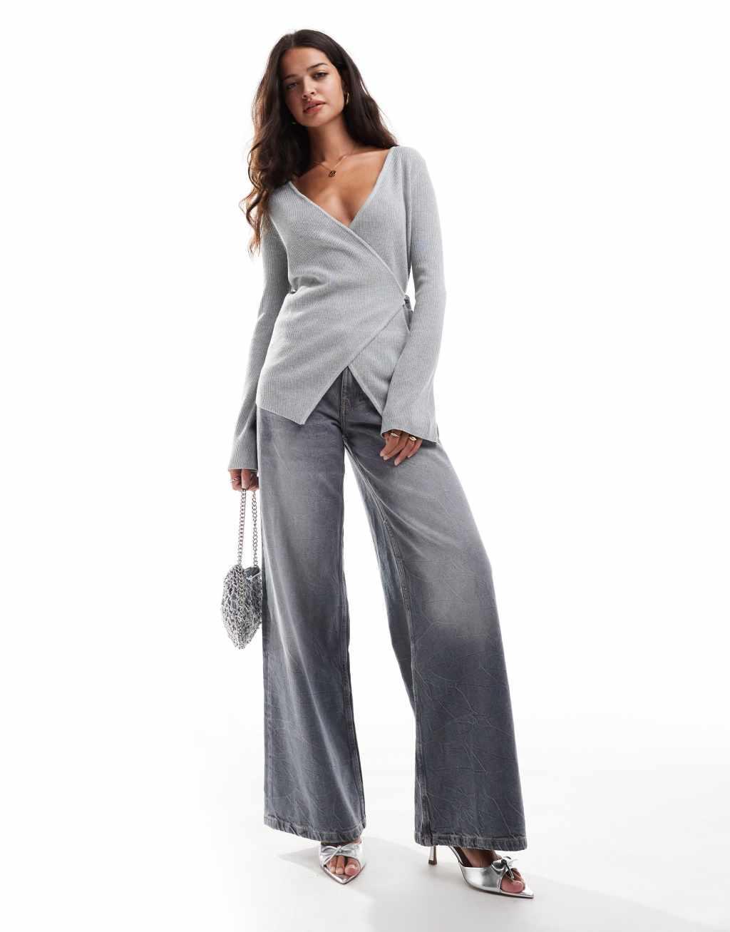 Pretty Lavish wrap knit top in gray Product Image