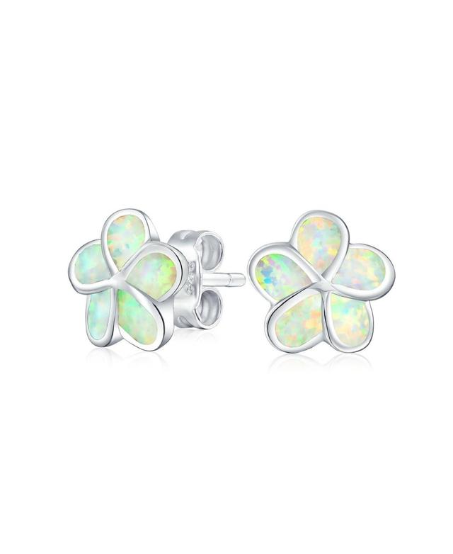 Bling Jewelry White Plumeria Flower Created Opal Stud Earrings For Women Sterling Silver 10MM Product Image