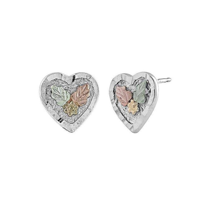 Black Hills Gold Tri-Tone Heart Post Earrings in Sterling Silver, Womens Product Image