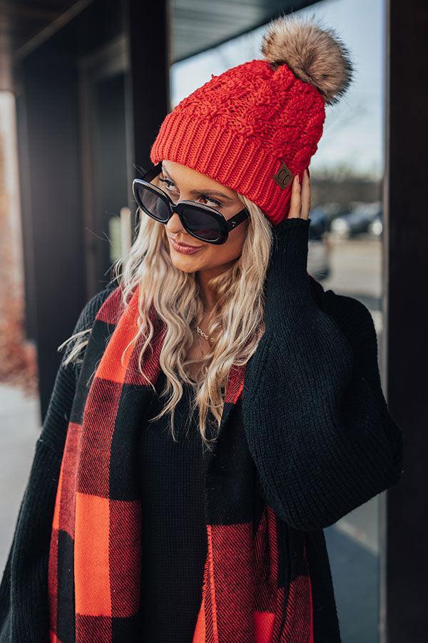 Fall Hike Faux Fur Pom Beanie in Red Product Image