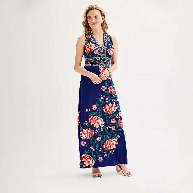 Womens London Times Floral Print Sleeveless V-Neck Flowy Maxi Dress Navy Pink Product Image